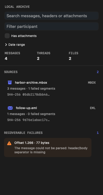 MboxDesk source rail with MBOX and EML files plus a recoverable failed segment