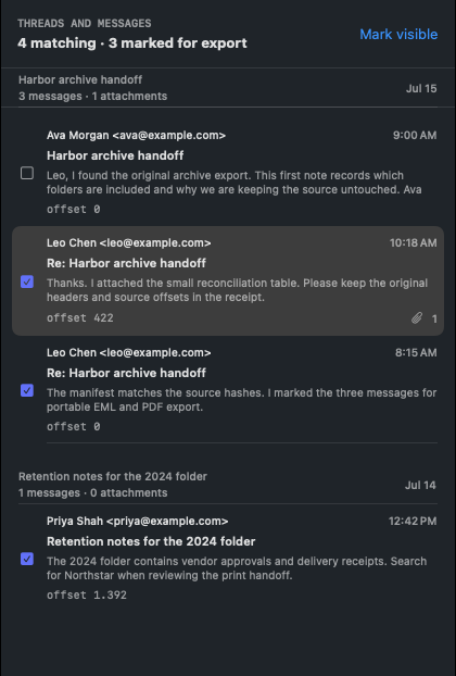 MboxDesk message list grouped into threads with messages selected for export